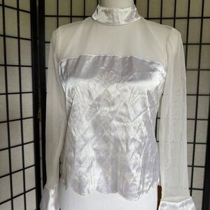 Another Thyme Vintage Blouse White With Sheer Sleeves and Chest Women's 6